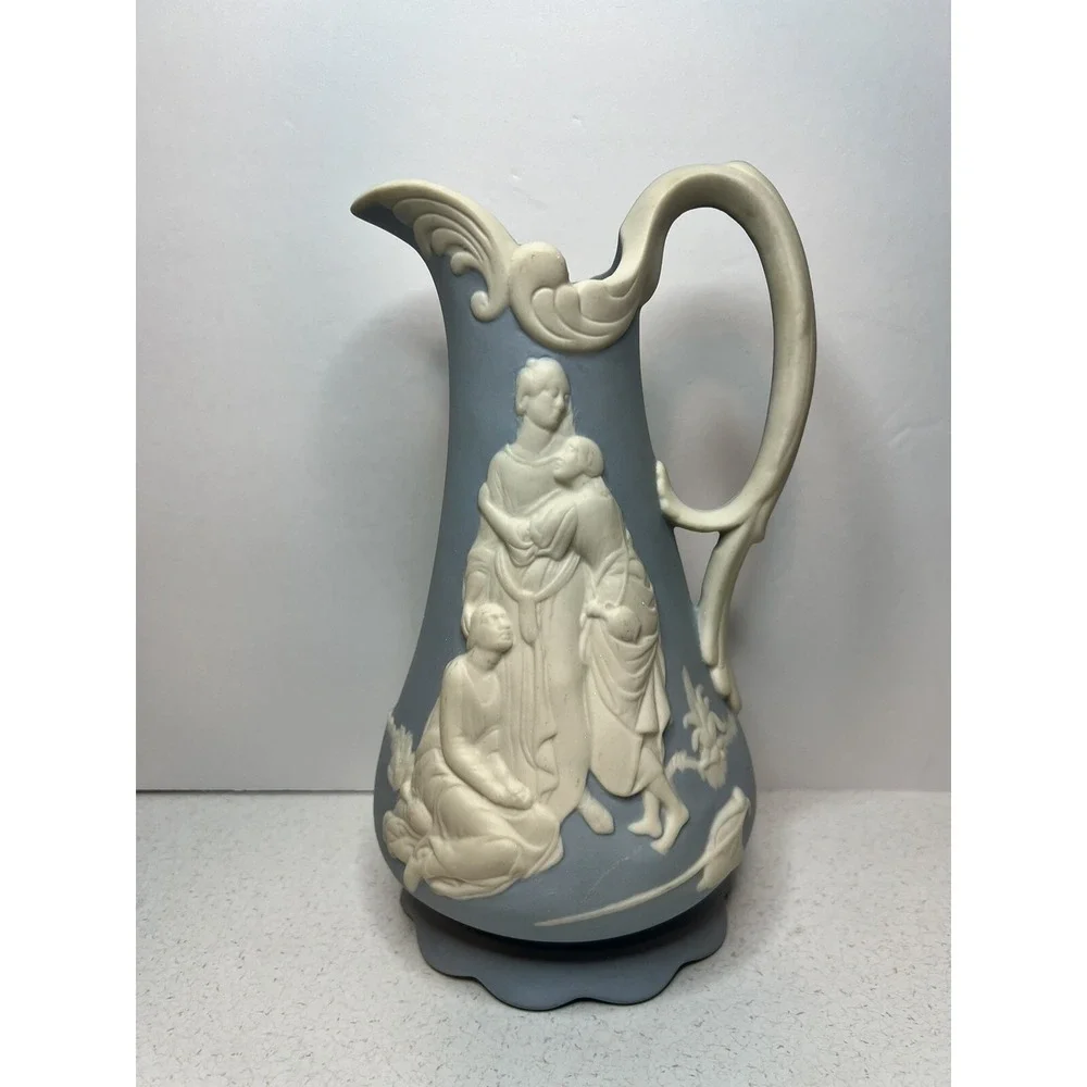 Parian Ware Naomi and Her Daugthers-in-Law Relief Jug Pitcher blue white 1950's